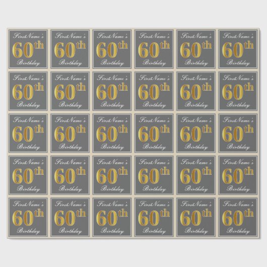 Elegant, grijs, Faux Gold 60th Birthday + naam Cadeaupapier (Vlak)