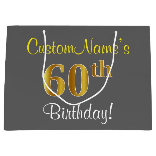 Elegant, grijs, Faux Gold 60th Birthday + naam Groot Cadeauzakje (Voorkant)