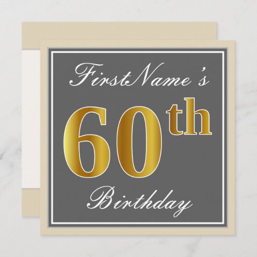 Elegant, grijs, Faux Gold 60th Birthday + naam Kaart (Voorkant / Achterkant)