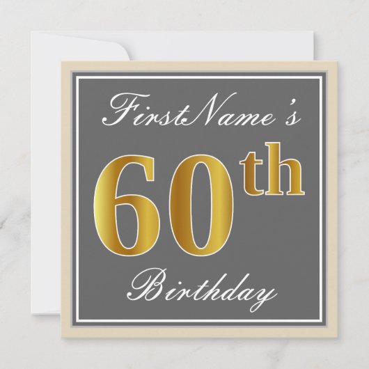 Elegant, grijs, Faux Gold 60th Birthday + naam Kaart (Voorkant)