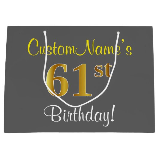 Elegant, grijs, Faux Gold 61st Birthday + naam Groot Cadeauzakje (Voorkant)