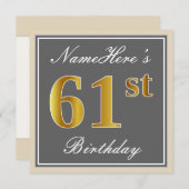 Elegant, grijs, Faux Gold 61st Birthday + naam Kaart (Voorkant / Achterkant)