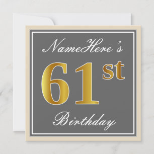Elegant, grijs, Faux Gold 61st Birthday + naam Kaart