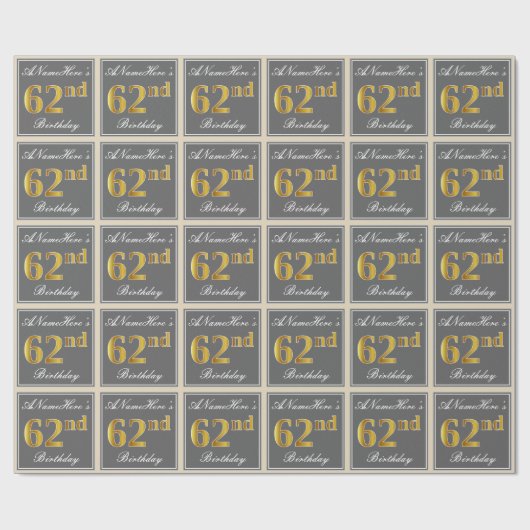 Elegant, grijs, Faux Gold 62e verjaardag + naam Cadeaupapier (Vlak)