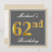 Elegant, grijs, Faux Gold 62e verjaardag + naam Kaart (Voorkant / Achterkant)