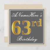 Elegant, grijs, Faux Gold 63rd Birthday + naam Kaart (Voorkant / Achterkant)
