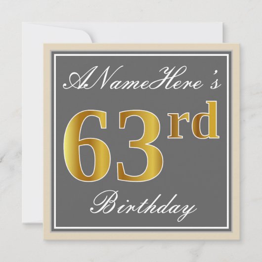 Elegant, grijs, Faux Gold 63rd Birthday + naam Kaart (Voorkant)