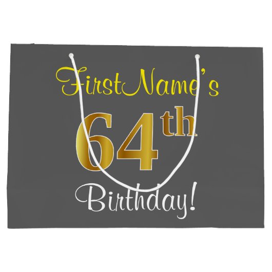 Elegant, grijs, Faux Gold 64th Birthday + naam Groot Cadeauzakje (Achterkant)