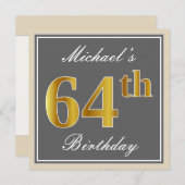 Elegant, grijs, Faux Gold 64th Birthday + naam Kaart (Voorkant / Achterkant)