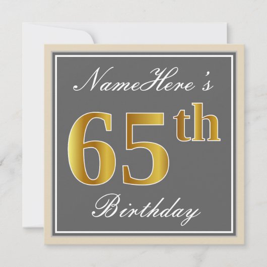 Elegant, grijs, Faux Gold 65th Birthday + naam Kaart (Voorkant)
