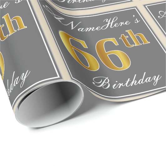 Elegant, grijs, Faux Gold 66th Birthday + naam Cadeaupapier (Rol Hoek)