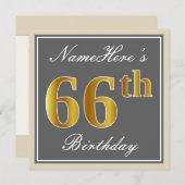 Elegant, grijs, Faux Gold 66th Birthday + naam Kaart (Voorkant / Achterkant)