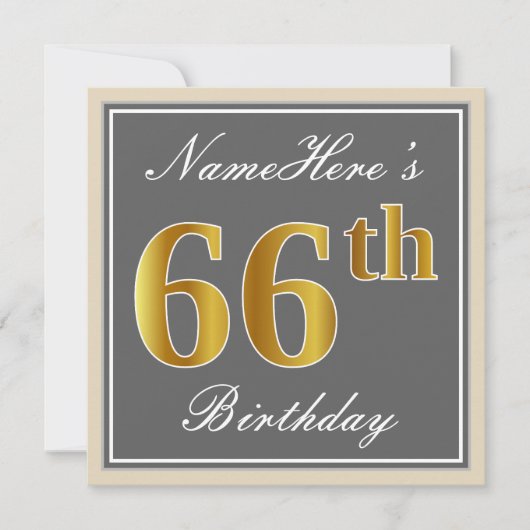 Elegant, grijs, Faux Gold 66th Birthday + naam Kaart (Voorkant)