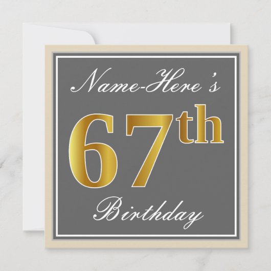 Elegant, grijs, Faux Gold 67th Birthday + naam Kaart (Voorkant)