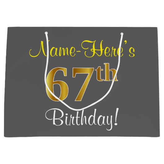 Elegant, grijs, Faux Gold 67th Birthday + naam Large Cadeautasje (Voorkant)