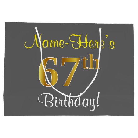 Elegant, grijs, Faux Gold 67th Birthday + naam Large Cadeautasje (Achterkant)
