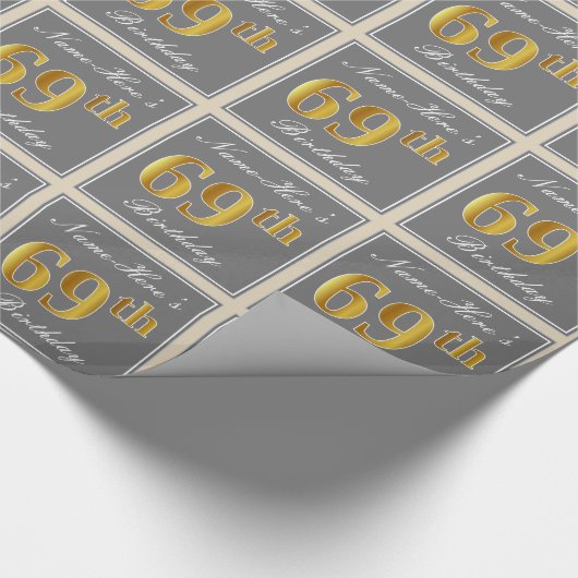 Elegant, grijs, Faux Gold 69th Birthday + naam Cadeaupapier (Hoek)