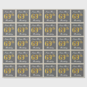 Elegant, grijs, Faux Gold 69th Birthday + naam Cadeaupapier