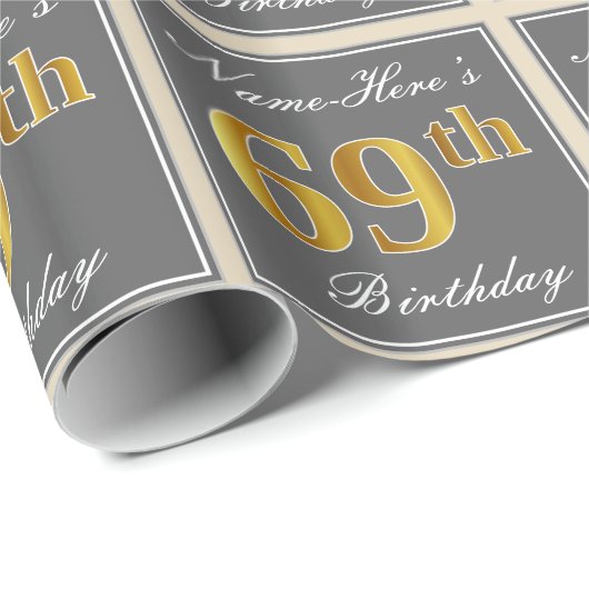 Elegant, grijs, Faux Gold 69th Birthday + naam Cadeaupapier (Rol Hoek)