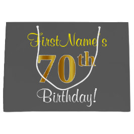 Elegant, grijs, Faux Gold 70th Birthday + naam Large Cadeautasje