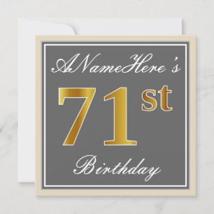 Elegant, grijs, Faux Gold 71st Birthday + naam Kaart
