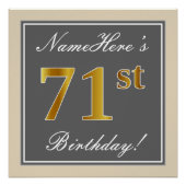 Elegant, grijs, Faux Gold 71st Birthday + naam Poster (Voorkant)