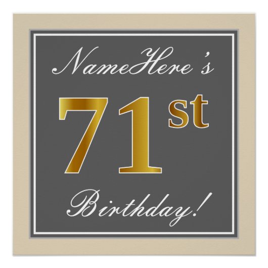 Elegant, grijs, Faux Gold 71st Birthday + naam Poster (Voorkant)