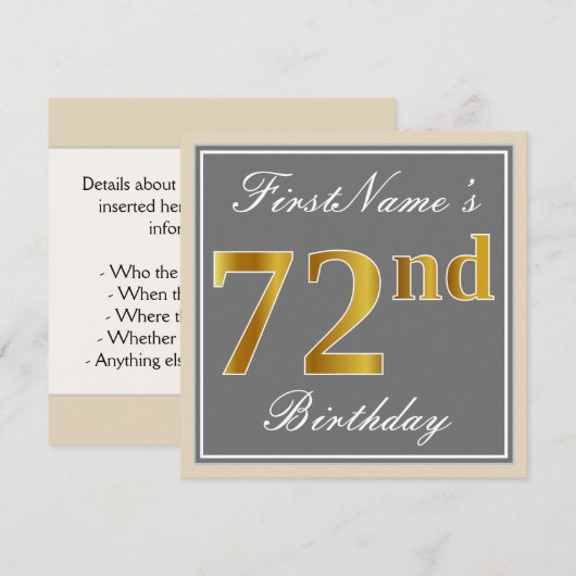 Elegant, grijs, Faux Gold 72e verjaardag + naam Kaart (Voorkant / Achterkant)