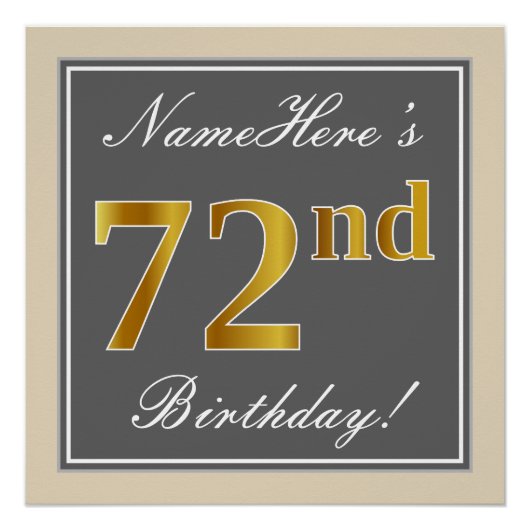 Elegant, grijs, Faux Gold 72e verjaardag + naam Perfect Poster (Voorkant)