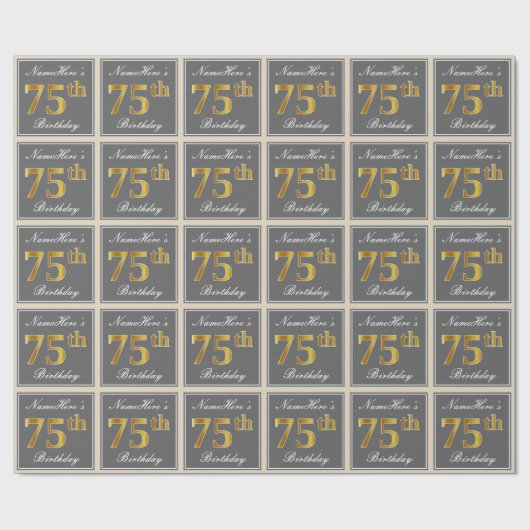 Elegant, grijs, Faux Gold 75th Birthday + naam Cadeaupapier (Vlak)