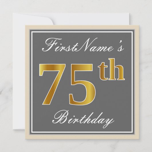 Elegant, grijs, Faux Gold 75th Birthday + naam Kaart (Voorkant)