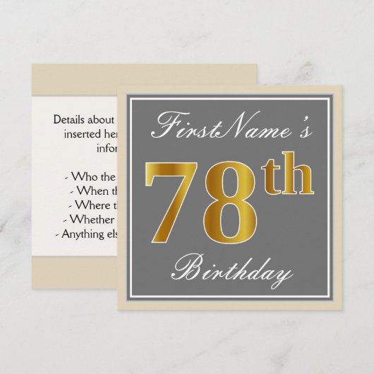 Elegant, grijs, Faux Gold 78th Birthday + naam Kaart (Voorkant / Achterkant)