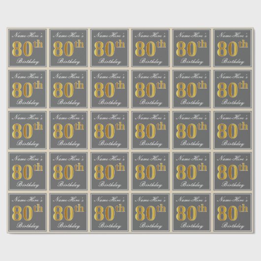 Elegant, grijs, Faux Gold 80th Birthday + naam Cadeaupapier (Vlak)