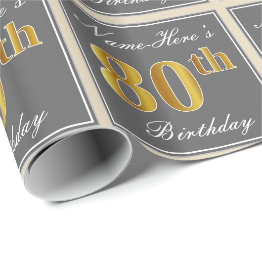Elegant, grijs, Faux Gold 80th Birthday + naam Cadeaupapier (Rol Hoek)