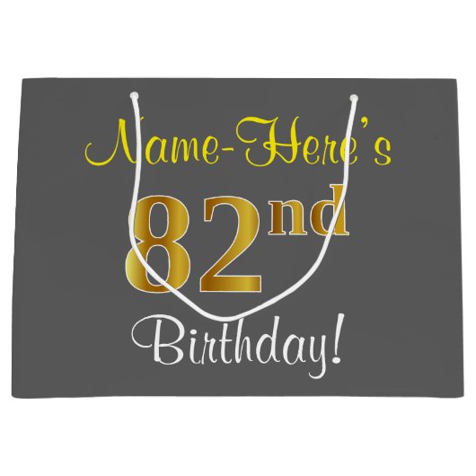 Elegant, grijs, Faux Gold 82e verjaardag + naam Large Cadeautasje (Voorkant)