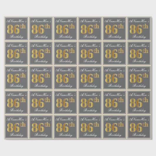 Elegant, grijs, Faux Gold 86th Birthday + naam Cadeaupapier (Vlak)