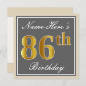 Elegant, grijs, Faux Gold 86th Birthday + naam Kaart (Voorkant / Achterkant)