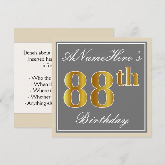 Elegant, grijs, Faux Gold 88th Birthday + naam Kaart (Voorkant / Achterkant)