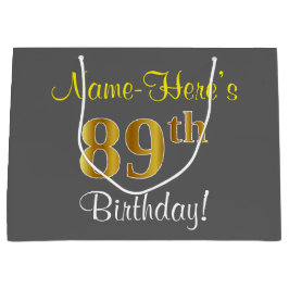 Elegant, grijs, Faux Gold 89th Birthday + naam Large Cadeautasje