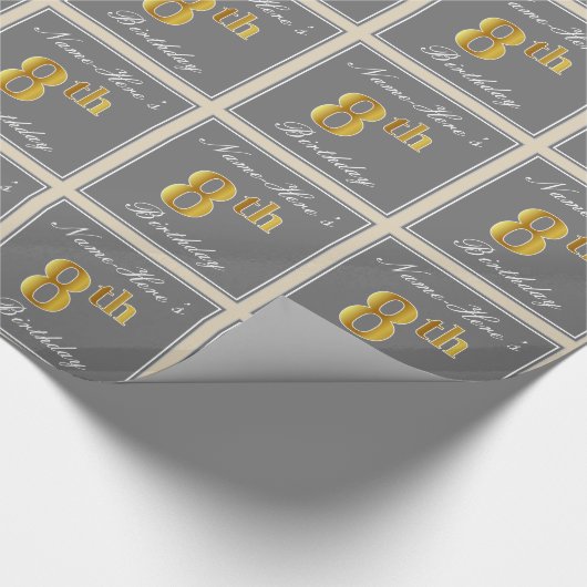 Elegant, grijs, Faux Gold 8th Birthday; aangepaste Cadeaupapier (Hoek)