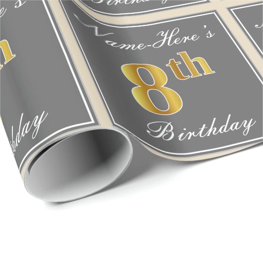 Elegant, grijs, Faux Gold 8th Birthday; aangepaste Cadeaupapier (Rol Hoek)