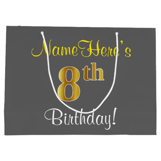 Elegant, grijs, Faux Gold 8th Birthday; aangepaste Groot Cadeauzakje (Achterkant)