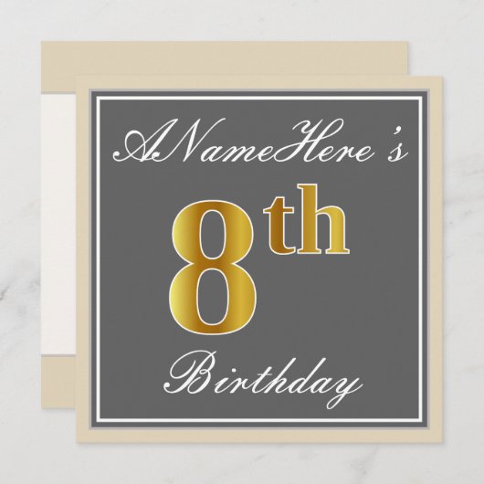 Elegant, grijs, Faux Gold 8th Birthday; aangepaste Kaart (Voorkant / Achterkant)