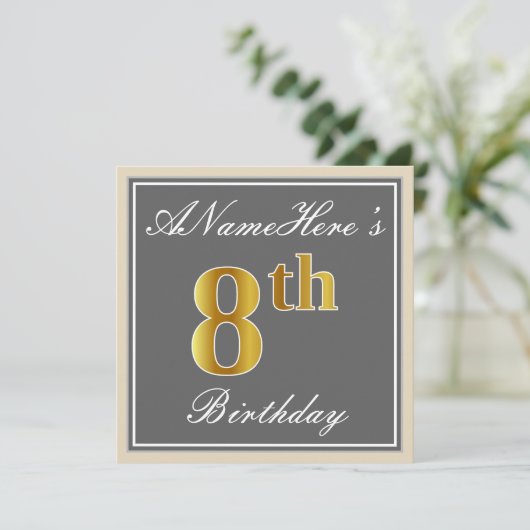 Elegant, grijs, Faux Gold 8th Birthday; aangepaste Kaart (Staand voorkant)