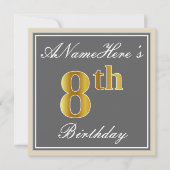 Elegant, grijs, Faux Gold 8th Birthday; aangepaste Kaart (Voorkant)