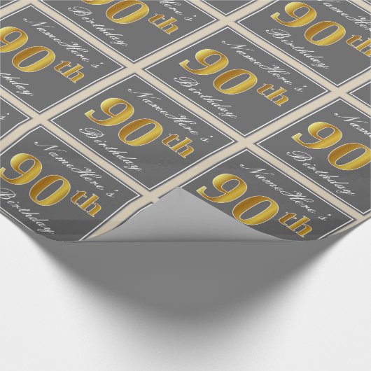 Elegant, grijs, Faux Gold 90th Birthday + naam Cadeaupapier (Hoek)