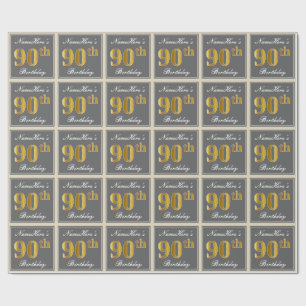 Elegant, grijs, Faux Gold 90th Birthday + naam Cadeaupapier