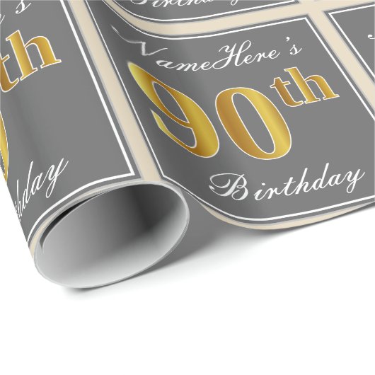 Elegant, grijs, Faux Gold 90th Birthday + naam Cadeaupapier (Rol Hoek)