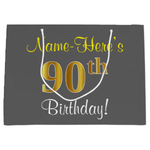 Elegant, grijs, Faux Gold 90th Birthday + naam Groot Cadeauzakje
