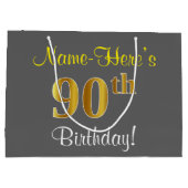 Elegant, grijs, Faux Gold 90th Birthday + naam Groot Cadeauzakje (Achterkant)